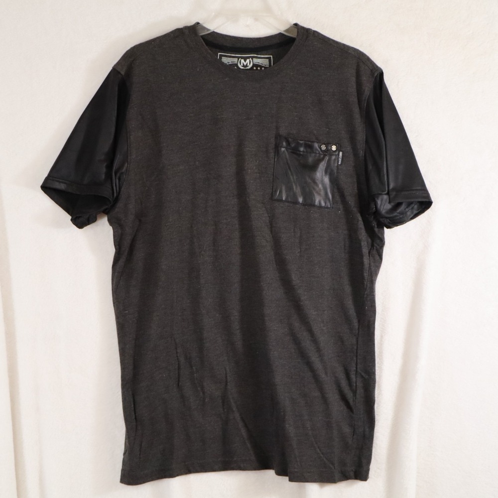 MOST OFCL SEVEN Men's T‑Shirt Gray Faux Leather Short Sleeves Grunge Bike–Size L